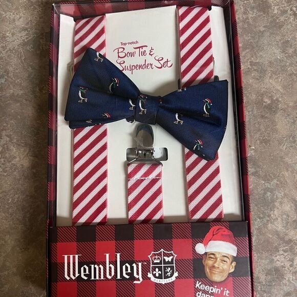 Wembley Bow Tie & Suspender Set - Red and Navy - Picture 1 of 3